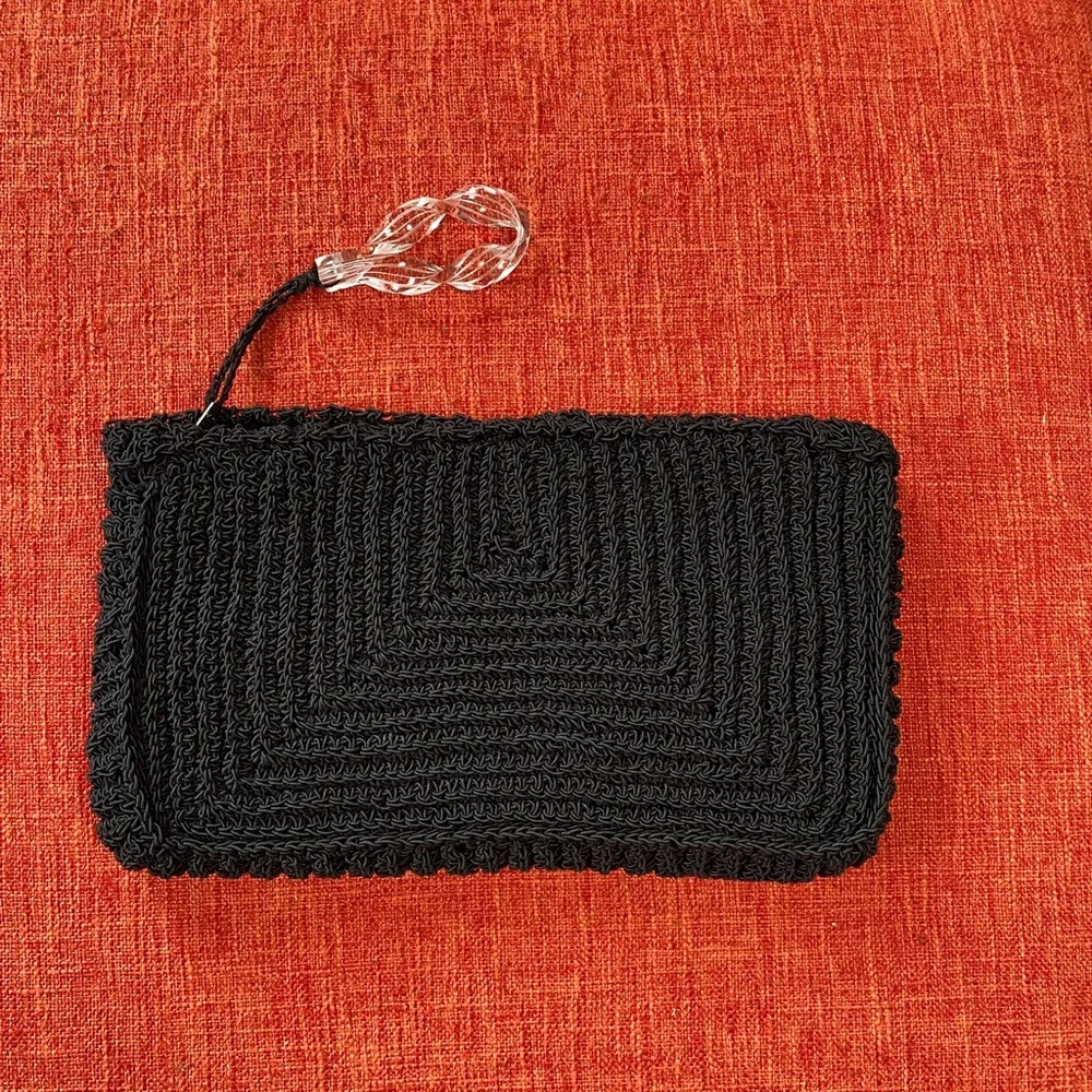 VTG 40’s Black Crochet Clutch Bag Coin Purse Lucite Clear Zipper Pull Charm